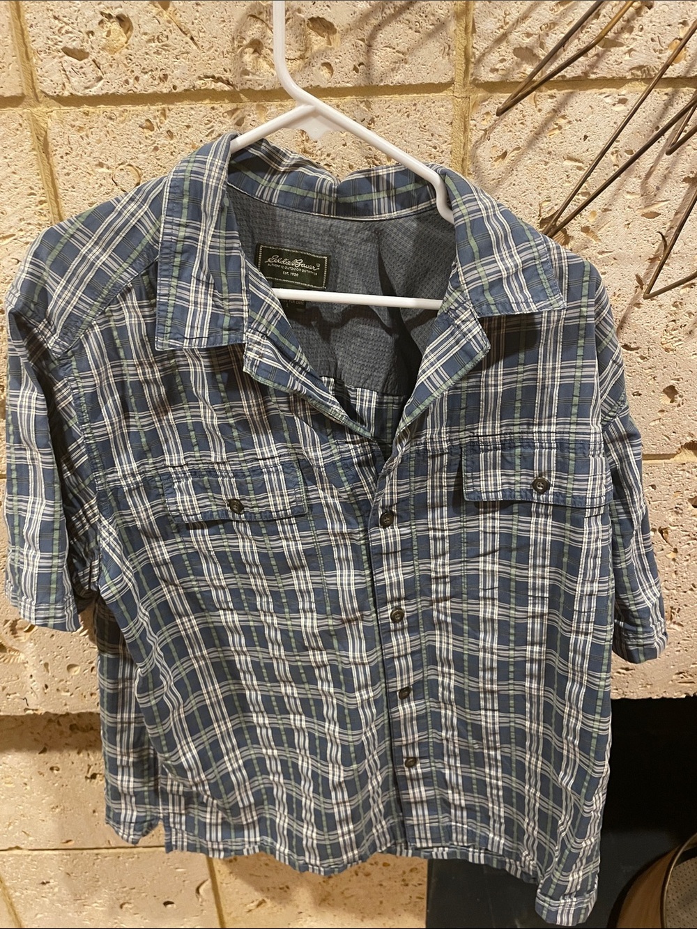 Men's Short-Sleeve Plaid Button-Up Shirt - Blue/White